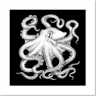 Octopus Kraken Black and White Ink Tentacles Posters and Art